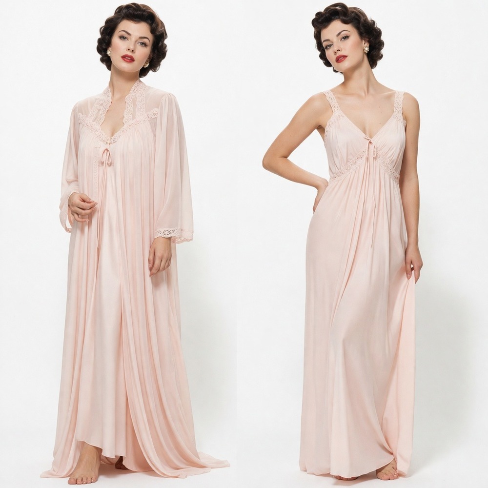 Vintage 1950s Pastel Peach Lace Peignoir Set Sheer Robe & Maxi Nightgown Set